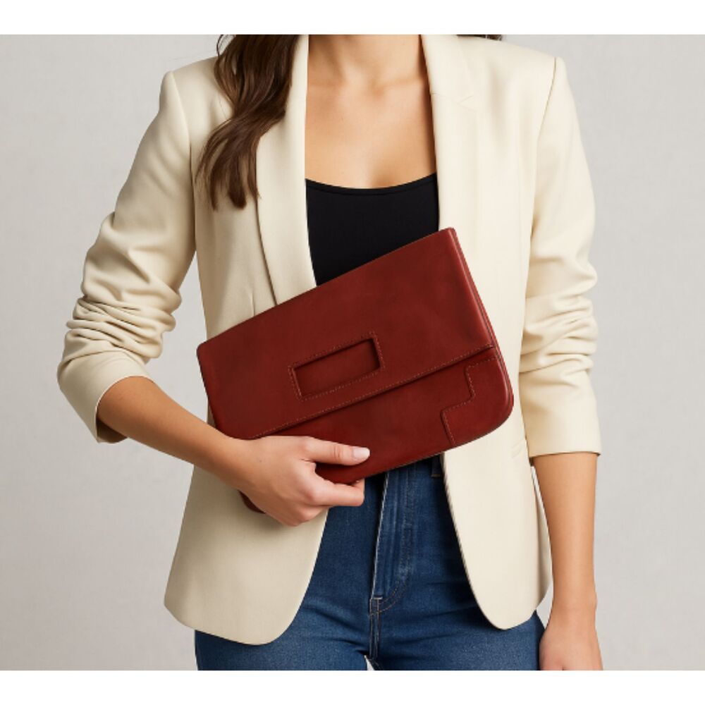 Barney’s New York Red Leather Clutch Handbag Purse – Foldover Evening Bag